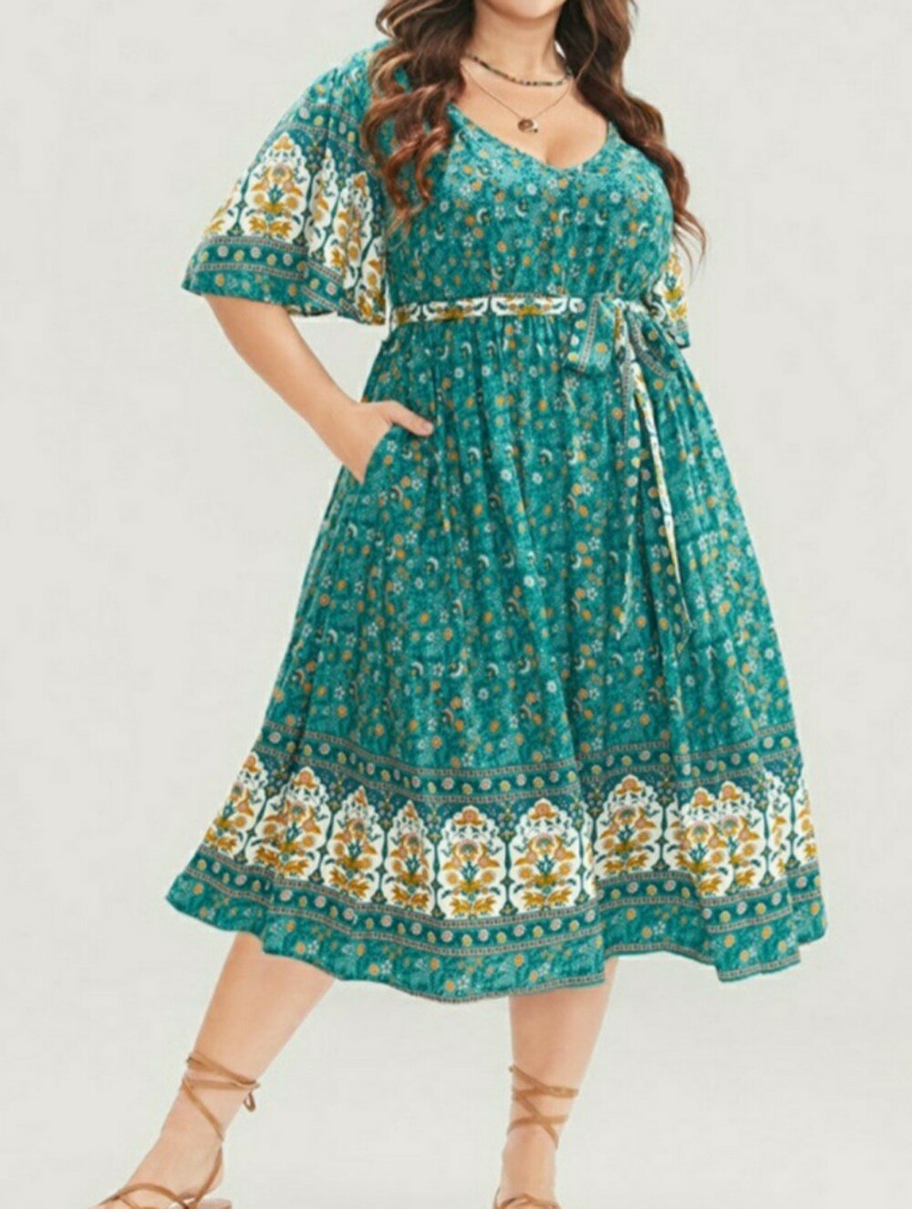 BloomChic Bandana Teal Floral Print Midi Dress with Tie Waist and Pockets 18/20